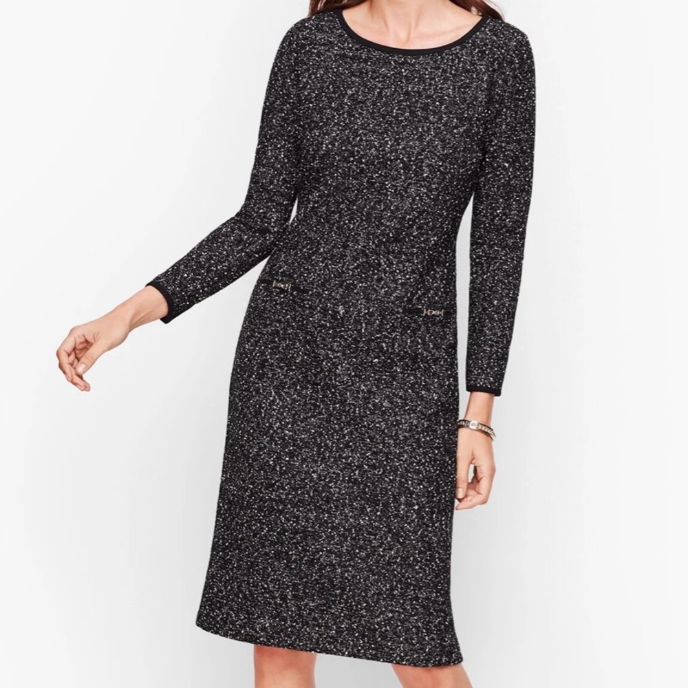 Talbots Knit Tweed Black Gray Long Sleeve Corpfore Classic Shift Dress [size 8]